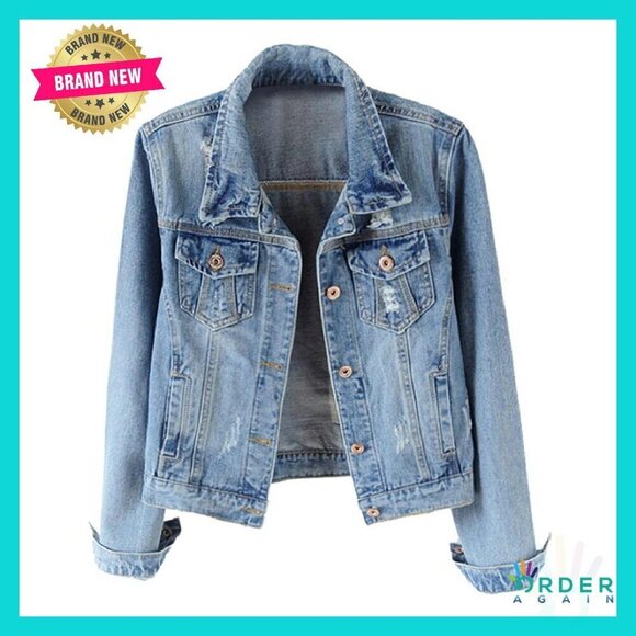 Jackets & Blazers - Distressed Ripped Denim Jacket Classic Vintage Trucker Fit Long Sleeve